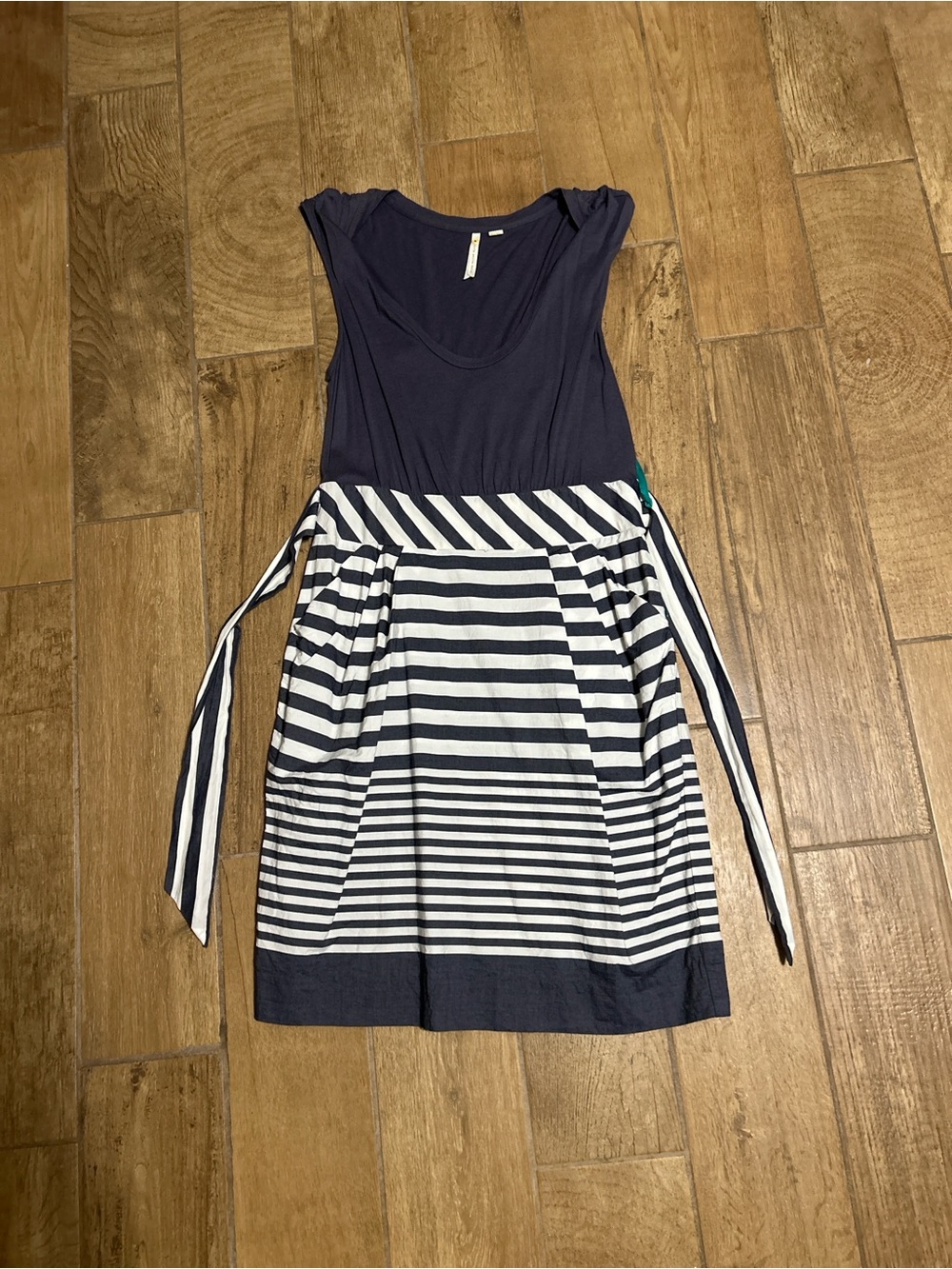 Little Yellow Button Navy & White Striped Dress